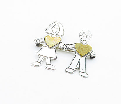 MEXICO 925 Sterling Silver  Vintage 2 Tone Love Heart Couple Brooch Pin BP2745