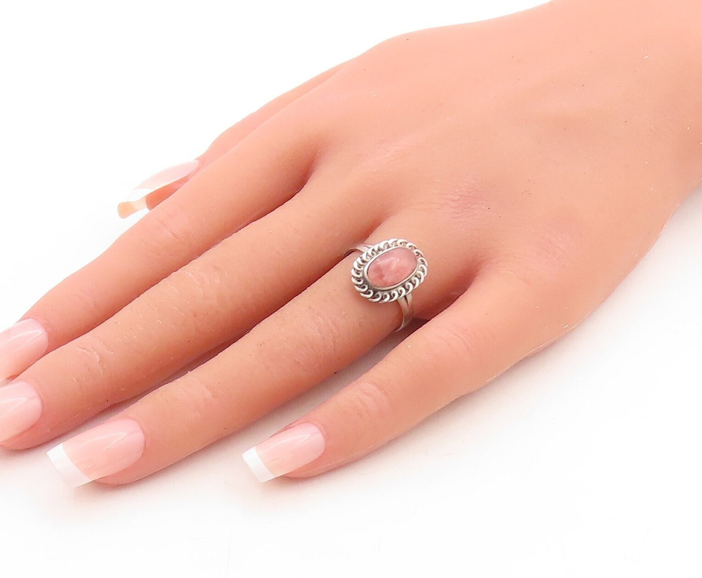 925 Sterling Silver Vintage Ring Swirly Loop Border Gemstone  Sz 7.5  RG31475