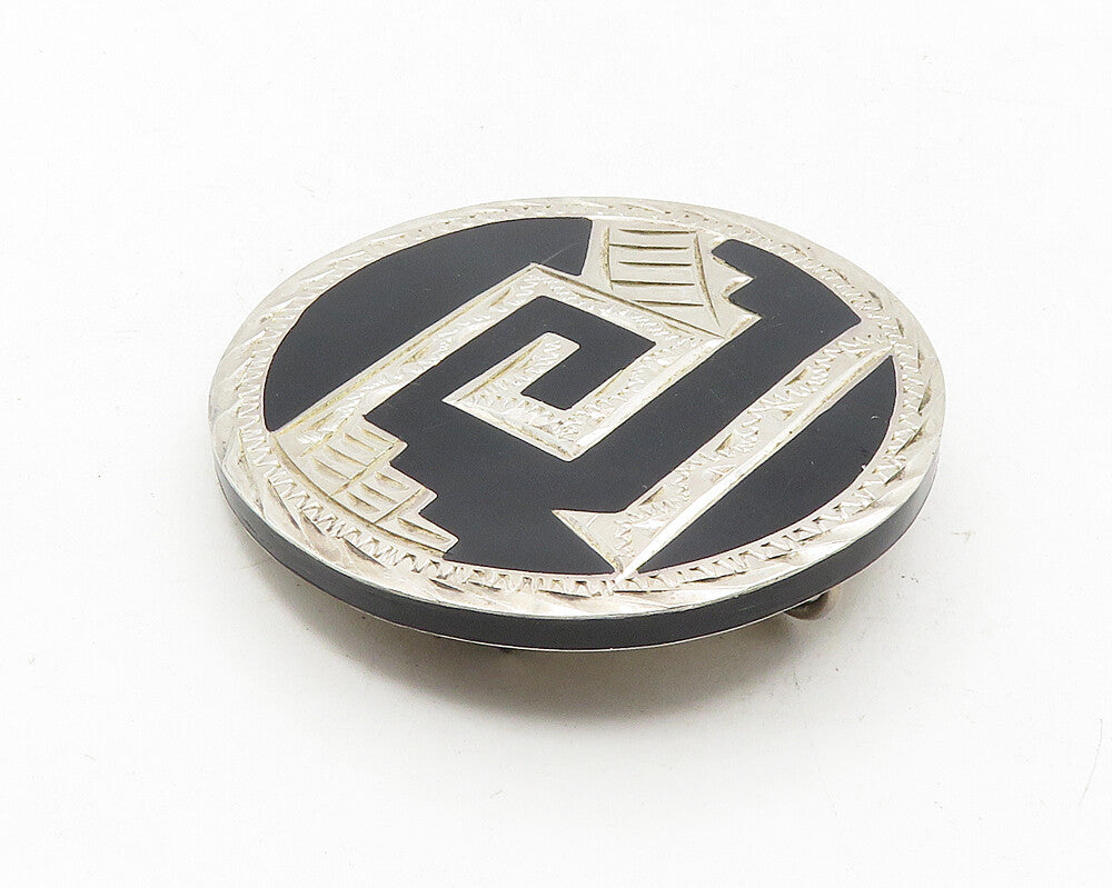 MEXICO 925 Sterling Silver Vintage Black Onyx Etched Design Brooch Pin  BP4122