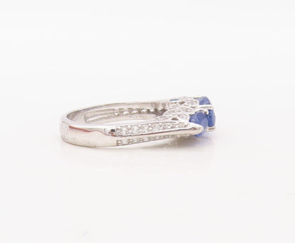 925 Sterling Silver Vintage Ring Floral Carved Oval Sapphire & CZ Sz 7.5 RG30576
