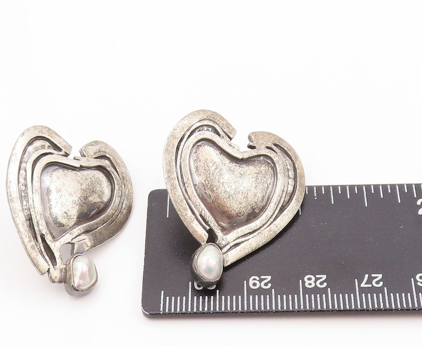 925 Sterling Silver Vintage Earrings SACHS Dark Tone Pearl Heart  EG13373