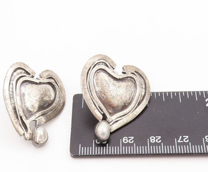 925 Sterling Silver Vintage Earrings SACHS Dark Tone Pearl Heart  EG13373