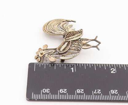 925 Sterling Silver Vintage Brooch Pin Intricate Filigree Rooster Bird  BP12370