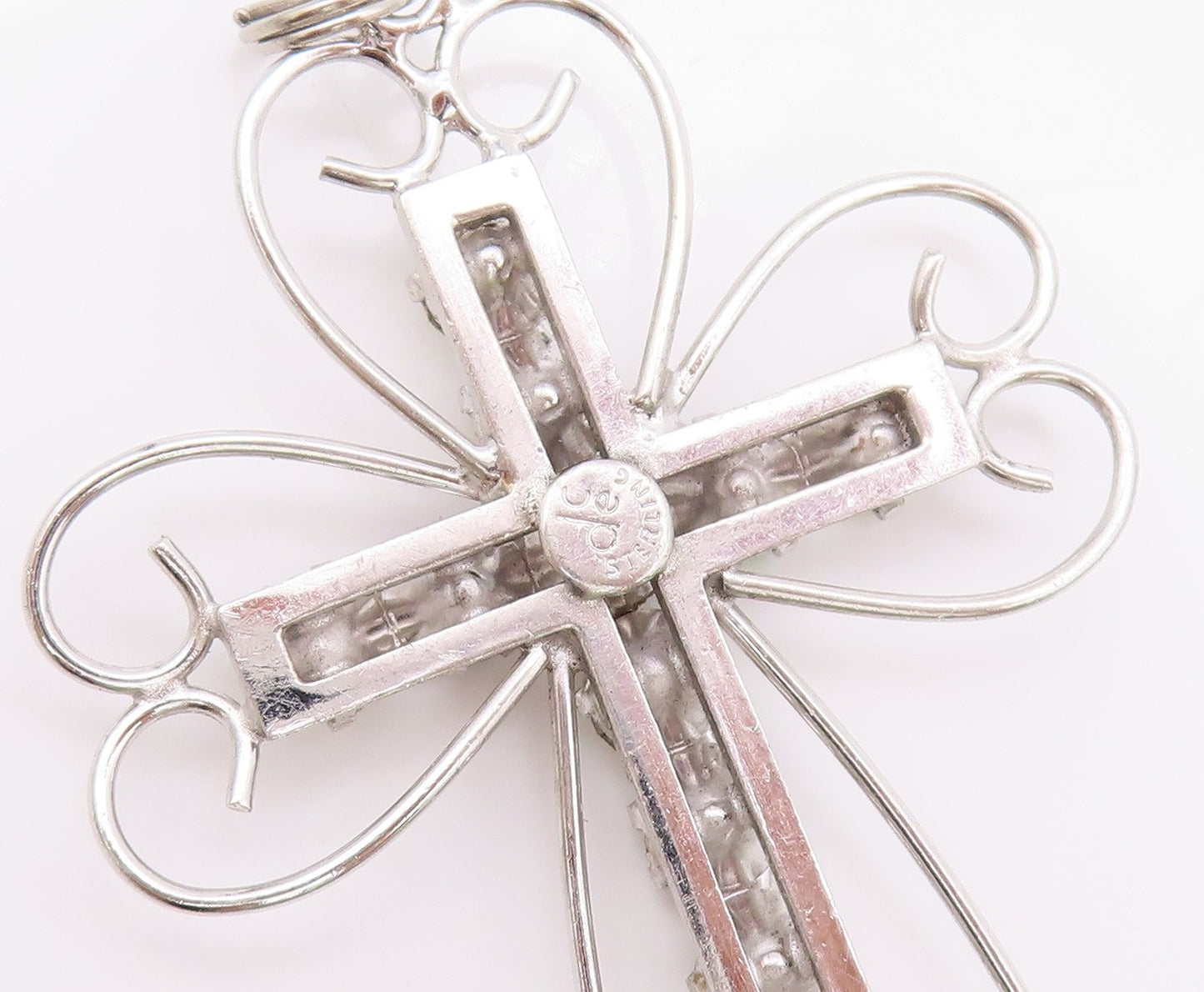 925 Sterling Silver Vintage Pendant Designer Cutout Rhinestone Cross  PT24066