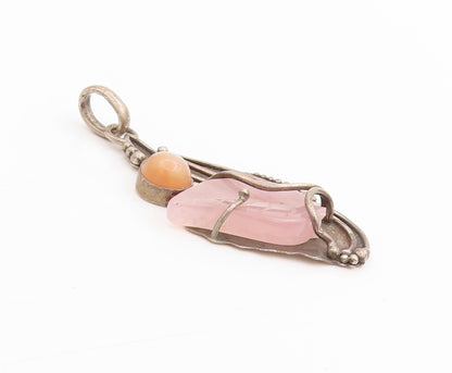 925 Sterling Silver Vintage Pendant LIZ RON Rose Quartz & Moonstone  PT25254