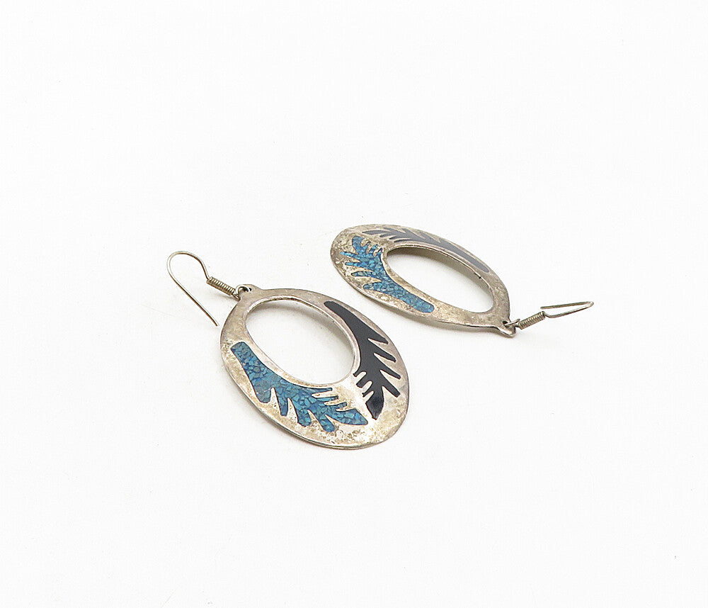 MEXICO 925 Silver  Vintage Black Onyx & Turquoise Dangle Earrings  EG4795