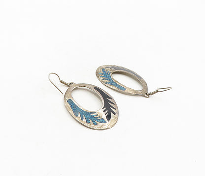 MEXICO 925 Silver  Vintage Black Onyx & Turquoise Dangle Earrings  EG4795