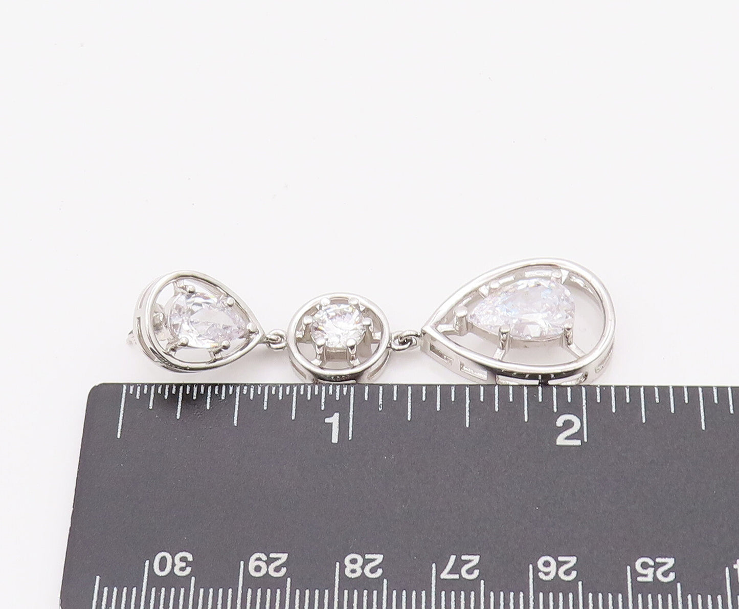 925 Sterling Silver Vintage Earrings Cutout Border Round & Pear Drop CZ  EG12807