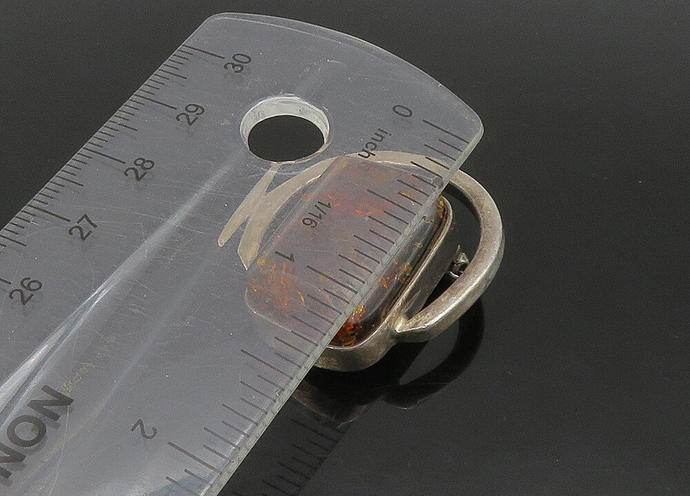 925 Sterling Silver  Vintage Amber Modernist Smooth Brooch Pin  BP8974