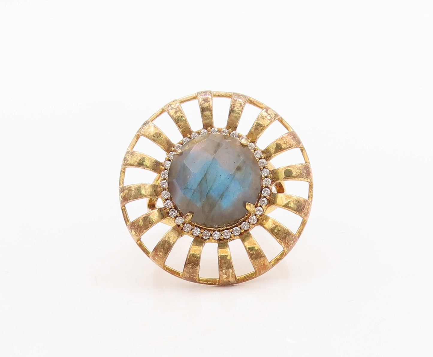 925 Sterling Silver Vintage Ring Gold Plated Alexandrite CZ Flower Sz 7 RG29574