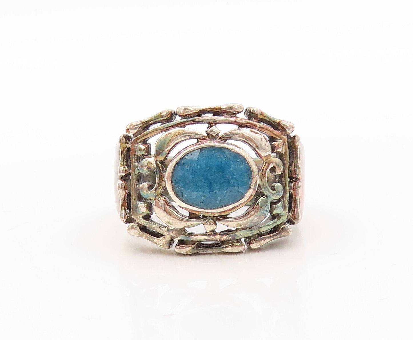 925 Sterling Silver Vintage Ring Brutalist Carved Oval Gemstone   Sz 8  RG30925