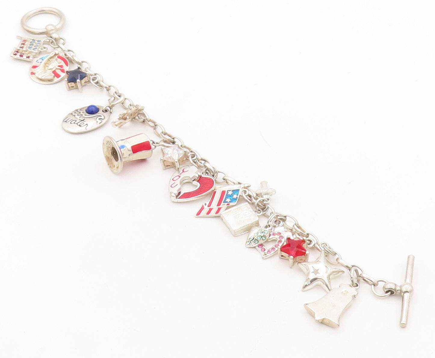925 Sterling Silver Vintage Bracelet Dangling USA Charm Topaz Inlay  BT10805
