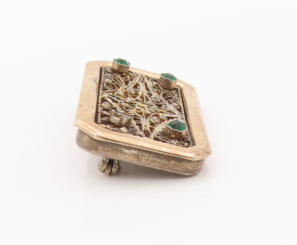 925 Sterling Silver Vintage Brooch Pin Gold Plated Emerald Scrollwork  BP12577