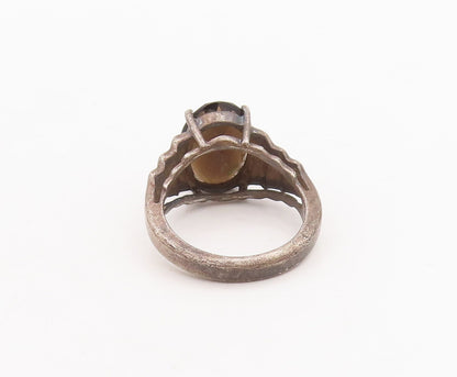 925 Sterling Silver Vintage Ring Step Carved Neck Oval Cut Onyx  Sz 7  RG28719