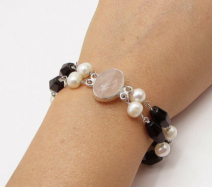 925 Sterling Silver  Rose Quartz & Freshwater Pearls Chain Bracelet  BT1164