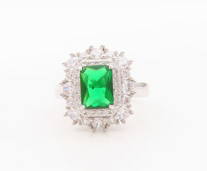 925 Sterling Silver Vintage Ring Rectangle Green Halo White CZ  Sz 7  RG30003
