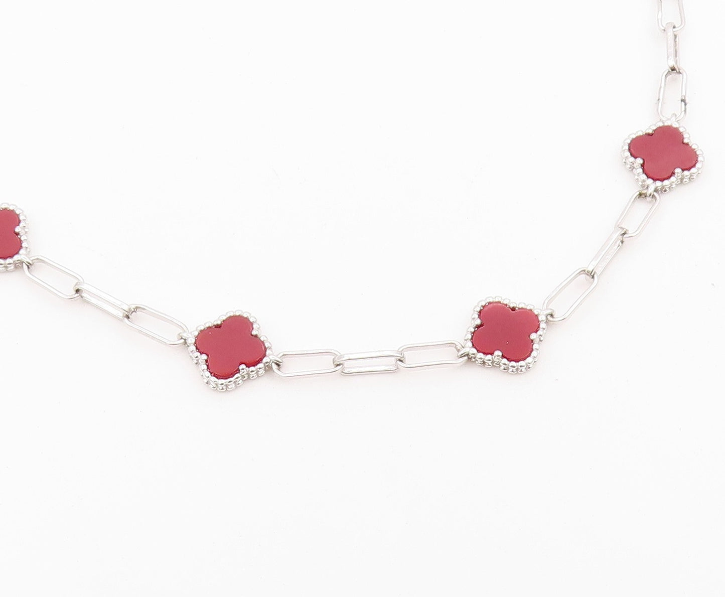 925 Sterling Silver Vintage Necklace Elegant Carnelian Lucky Clover Chain NE4917
