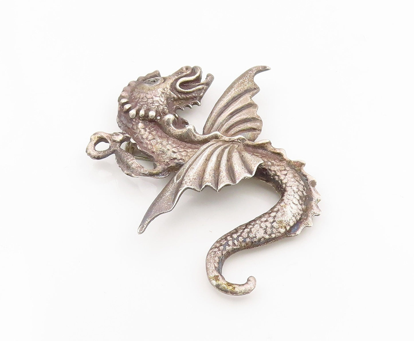 925 Sterling Silver Vintage Brooch Antique Etched Flying Dragon Pin  BP12115