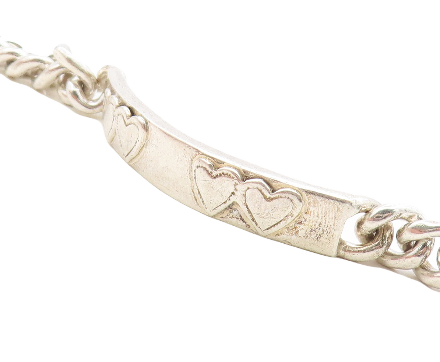MEXICO 925 Sterling Silver  Vintage Love Heart Bar Curb Chain Bracelet  BT2734