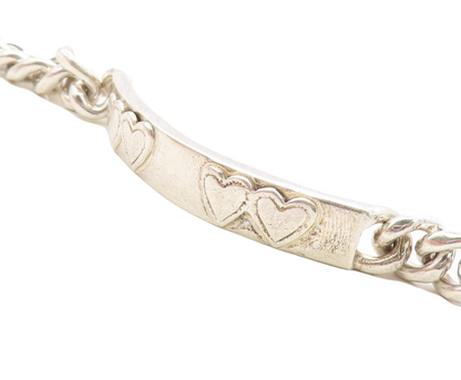 MEXICO 925 Sterling Silver  Vintage Love Heart Bar Curb Chain Bracelet  BT2734