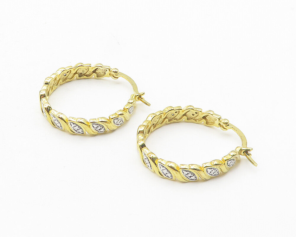 925 Sterling Silver  Genuine Diamonds Gold Plated Shiny Hoop Earrings  EG6219