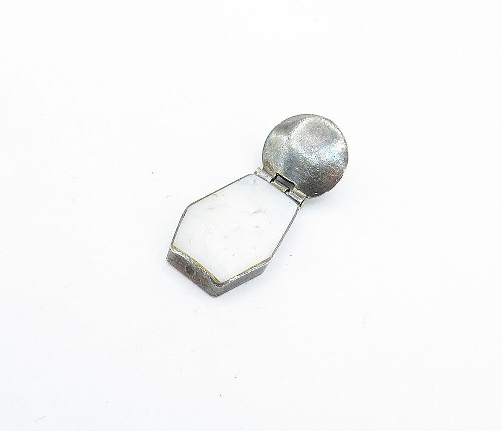 925 Sterling Silver  Vintage Mother Of Pearl Coffin Shape Hinge Pendant PT4731