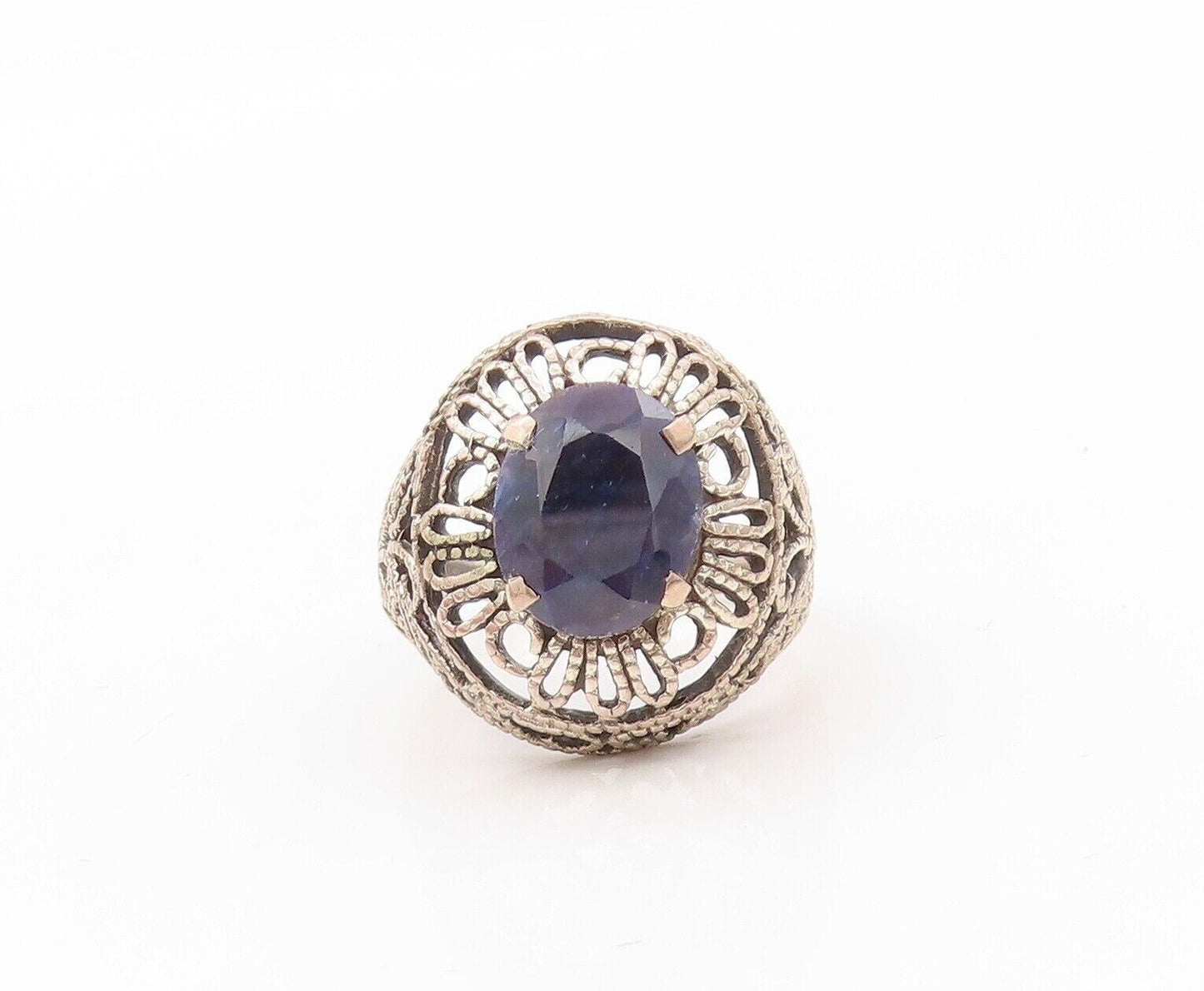 925 Sterling Silver Vintage Ring Floral Cutout Oval Sapphire  Sz 8  RG30204