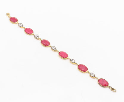 925 Sterling Silver Vintage Bracelet Gold Plated Diamonds & Oval Ruby  BT10837