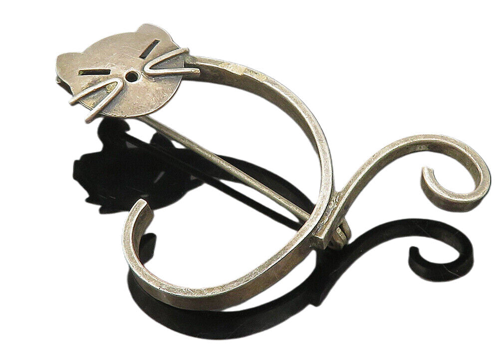 BEAU 925 Sterling Silver  Vintage Dark Tone Modernist Cat Brooch Pin  BP4323
