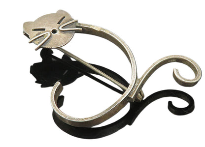 BEAU 925 Sterling Silver  Vintage Dark Tone Modernist Cat Brooch Pin  BP4323
