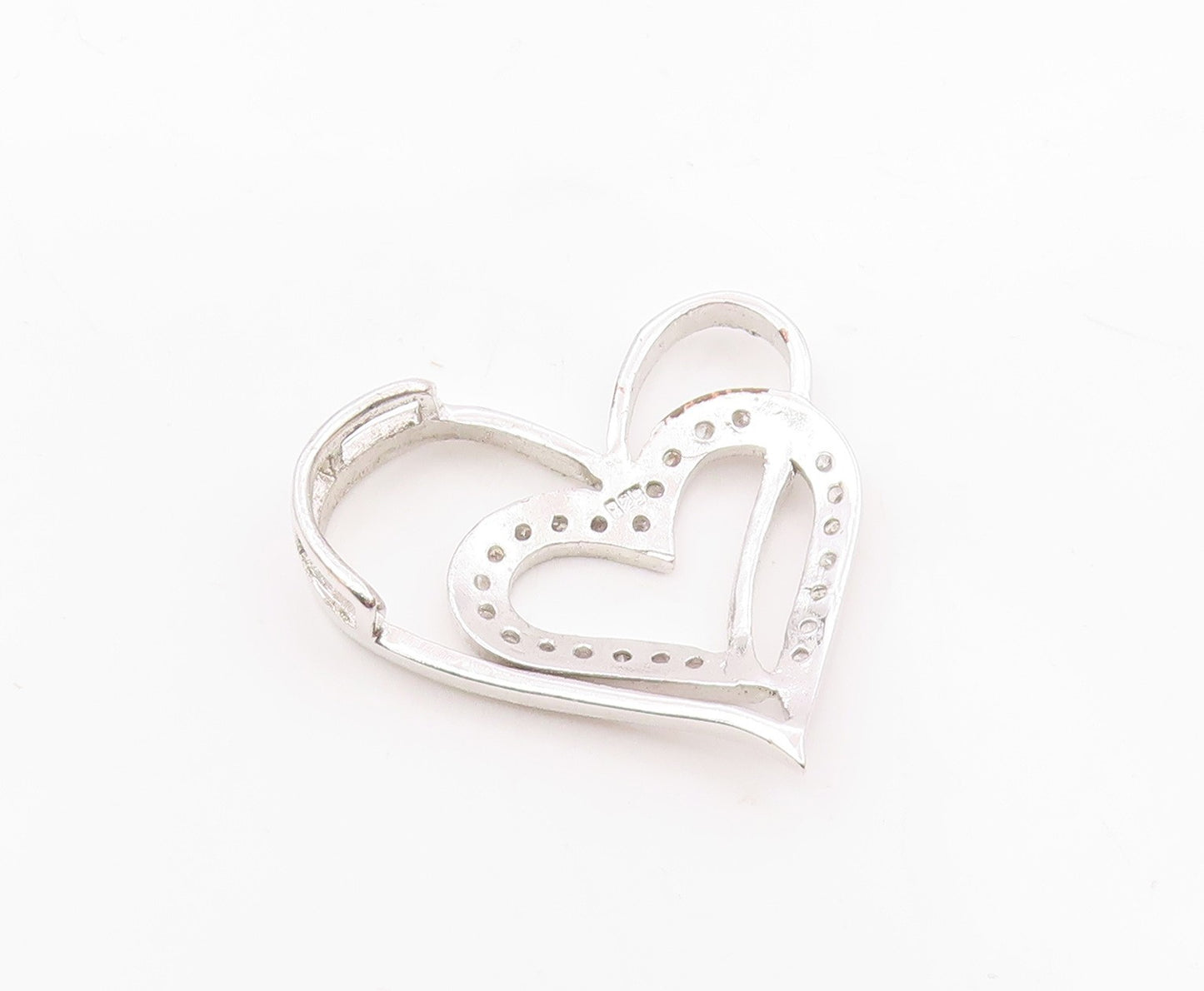 925 Sterling Silver  Vintage Shiny Topaz Open Love Hearts Pendant  PT18904