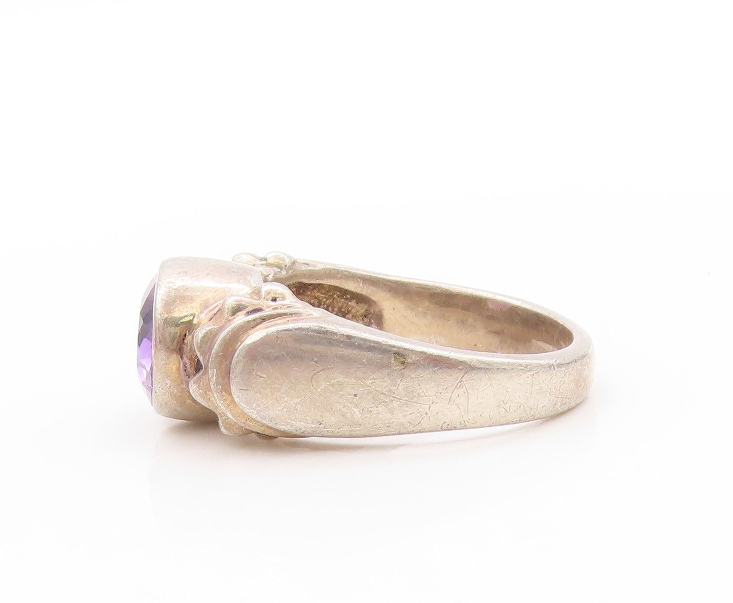 925 Sterling Silver Vintage Ring Antique Design Carved Amethyst  Sz 8  RG32750