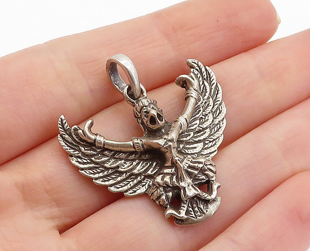 925 Sterling Silver  Vintage Dark Tone Winged Bird Woman Drop Pendant  PT5642