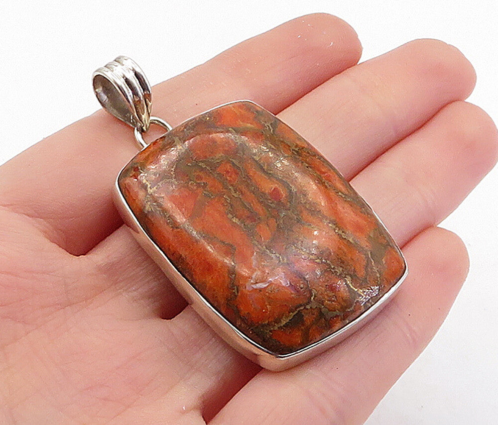 925 Sterling Silver  Vintage Red & Brown Jasper Square Drop Pendant  PT4131