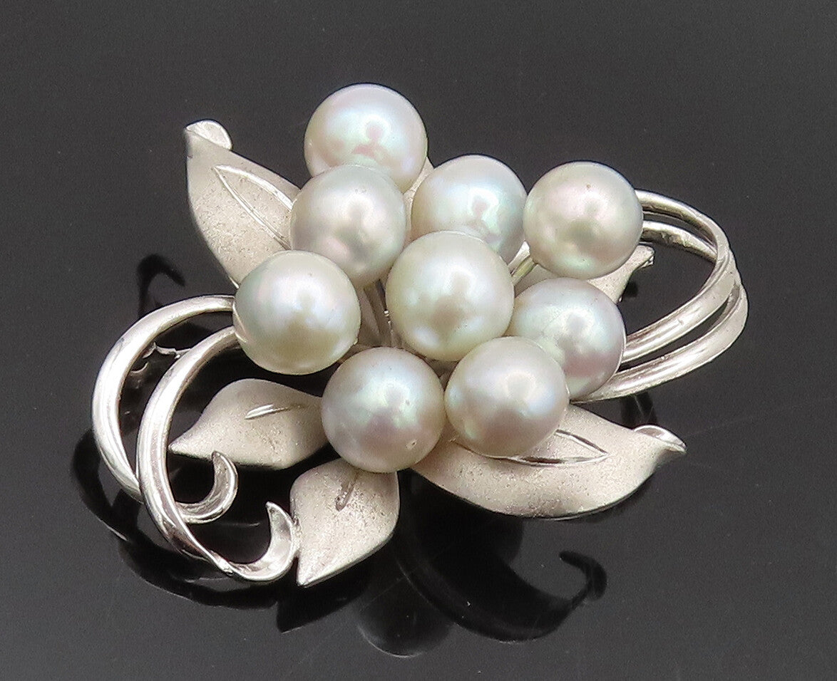 925 Sterling Silver  Vintage Pearl Beaded Carved Flower Brooch Pin  BP10523