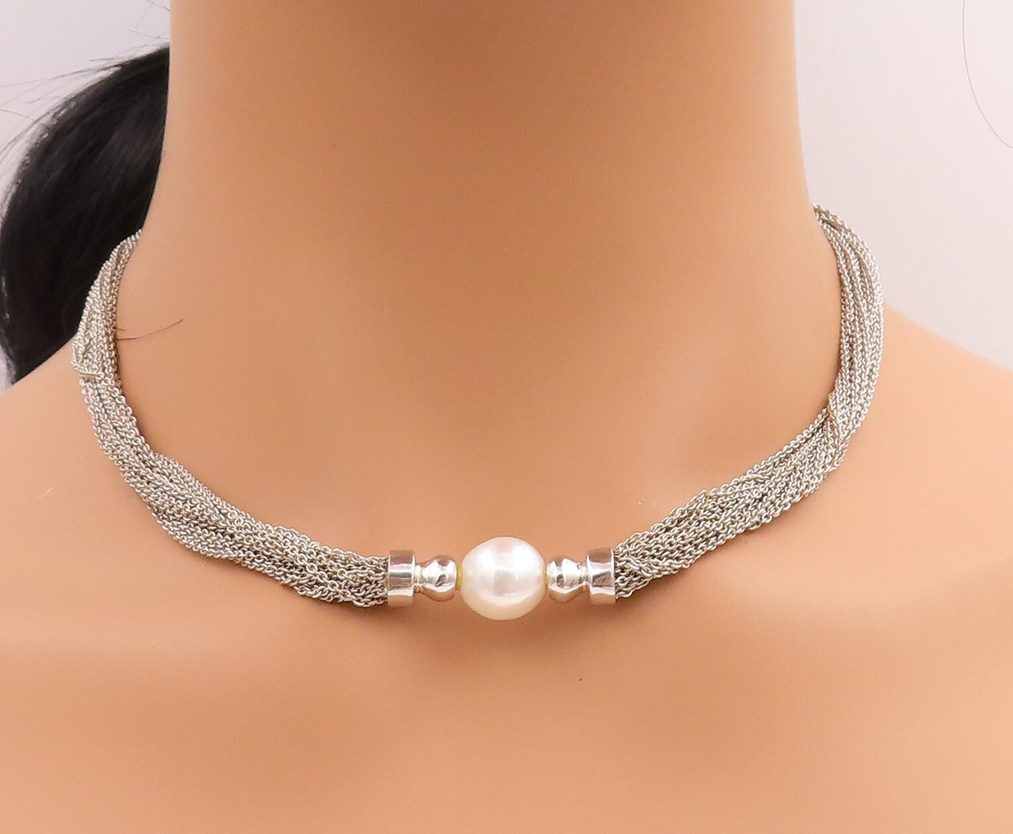 925 Sterling Silver Vintage Necklace Think Multi Chain Designer Pearl  NE4421