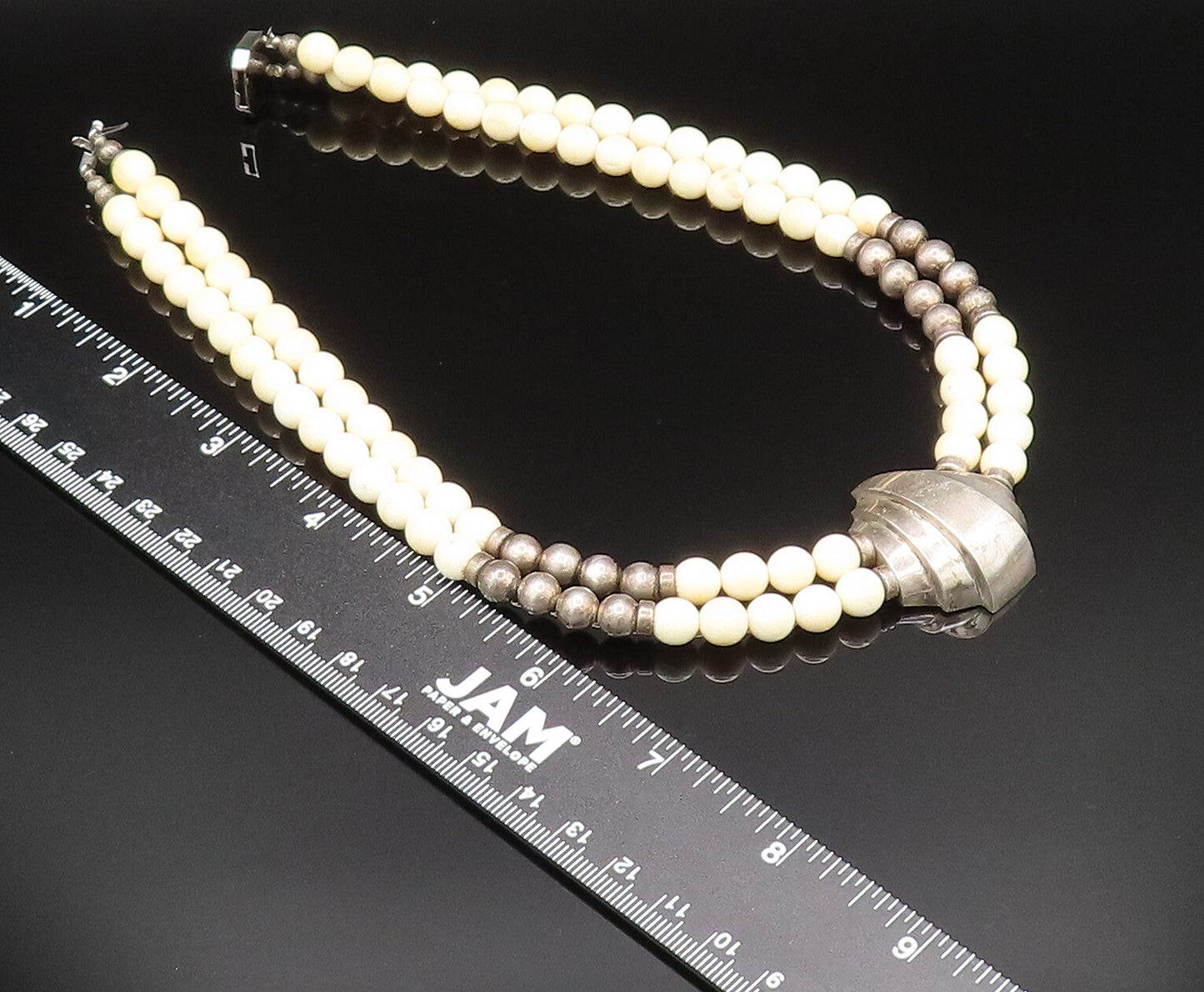 925 Sterling Silver Vintage Graduated Curved Dome Agate & Beads Necklace  NE3870