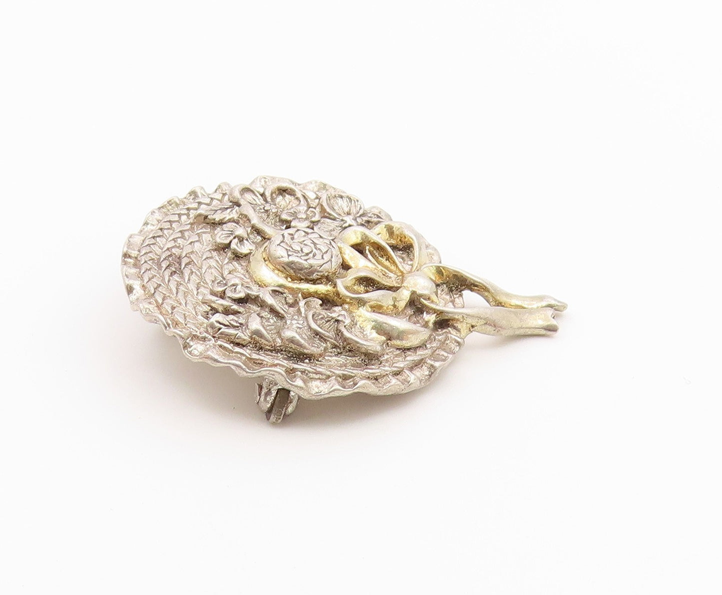 925 Sterling Silver  Vintage Shiny Floral Bow Tied Ribbon Brooch Pin  BP7805