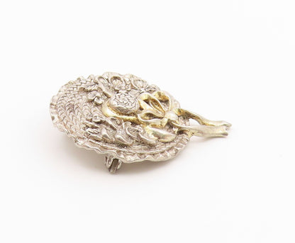 925 Sterling Silver  Vintage Shiny Floral Bow Tied Ribbon Brooch Pin  BP7805