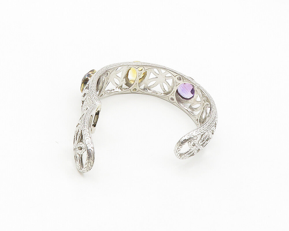 925 Silver & 14K GOLD  Topaz Amethyst & Citrine Floral Cuff Bracelet  BT7172