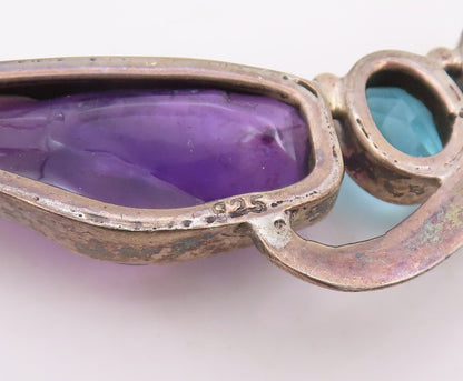 925 Sterling Silver Vintage Pendant Blue Topaz & Amethyst Leaf Drop  PT25572