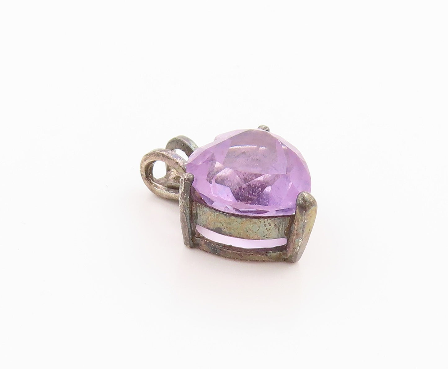 925 Sterling Silver Vintage Pendant Faceted Amethyst Love Heart Charm  PT24957