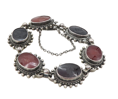 925 Sterling Silver  Vintage Black Onyx & Carnelian Chain Bracelet  BT4114