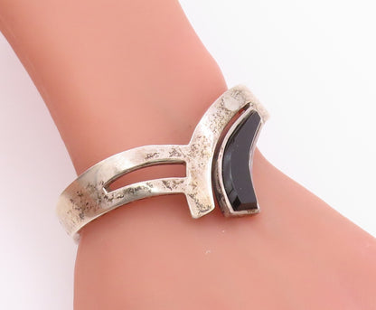 925 Sterling Silver Vintage Bracelet JRE MEXICO Designer Cutout Onyx  BT11326