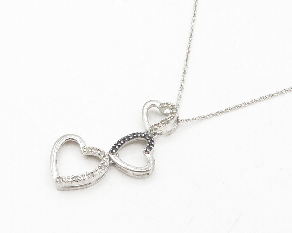 925 Silver  Genuine Black & White Diamonds Love Hearts Chain Necklace  NE2059