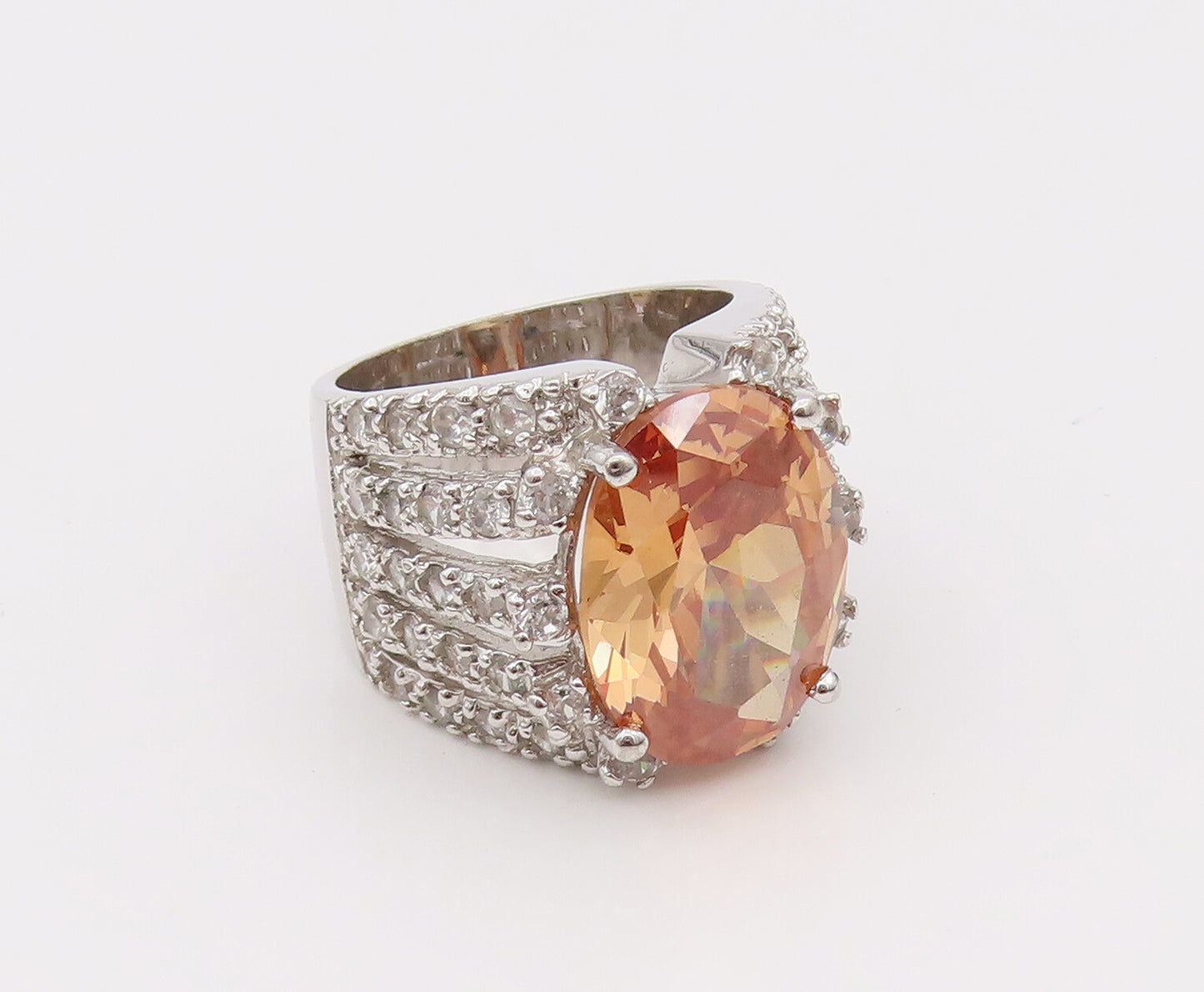 925 Silver  Vintage Large Champagne & Multi Threaded CZ Ring Sz 7  RG26527