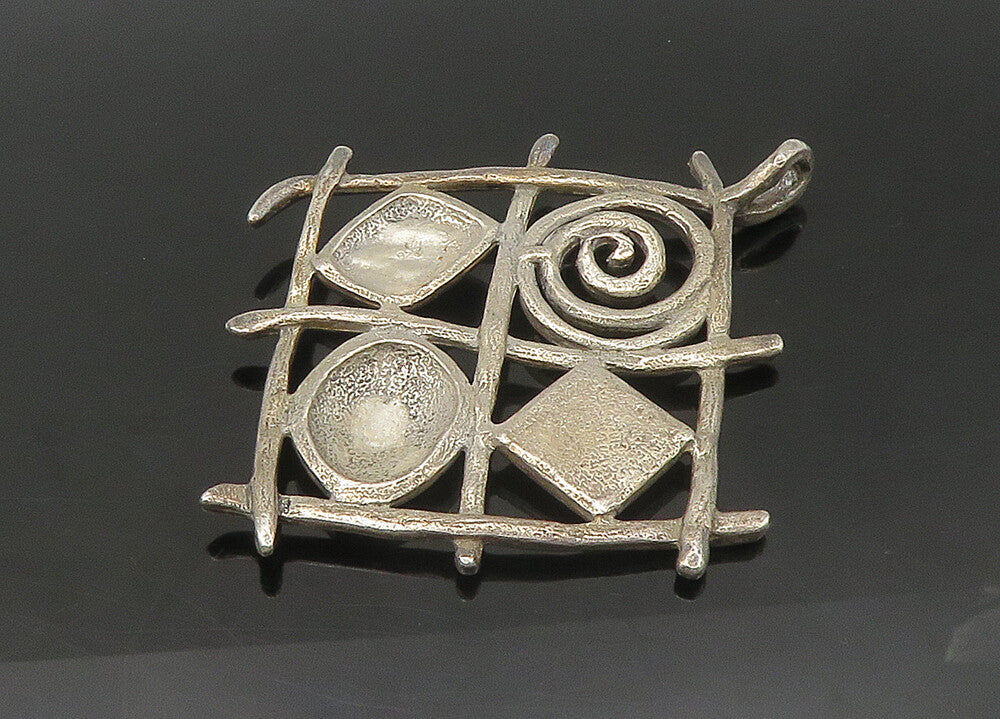 925 Sterling Silver  Vintage Enamel Detail Sculpted Grid Pendant  PT17976