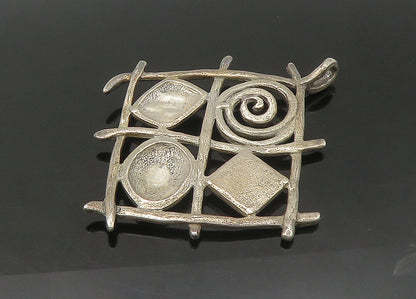 925 Sterling Silver  Vintage Enamel Detail Sculpted Grid Pendant  PT17976
