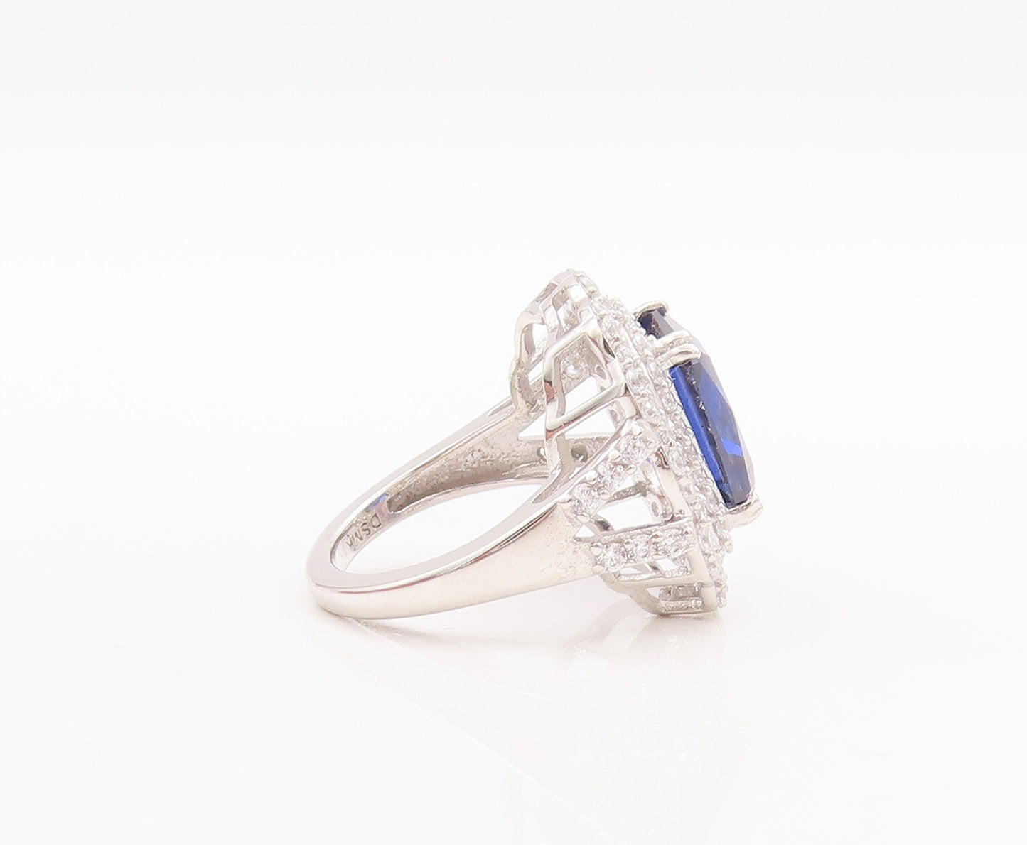 925 Sterling Silver Vintage Ring Rectangle Sapphire Carved CZ Frame Sz 7 RG29367