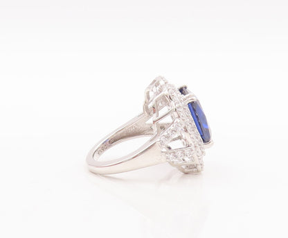 925 Sterling Silver Vintage Ring Rectangle Sapphire Carved CZ Frame Sz 7 RG29367
